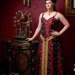 Royal embroidered and beaded evening gown, burgundy and gold.