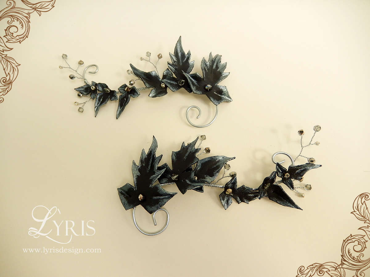 Black and silver leaves and crystals hair clips