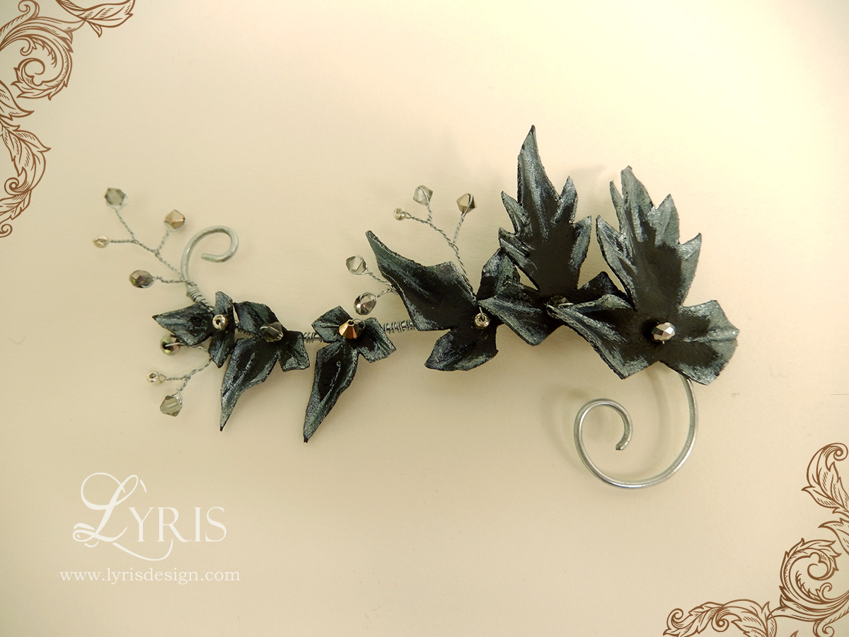 Black and silver leaves and crystals hair clips