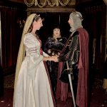 Ivory and burgundy medieval wedding gown