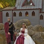 Ivory and burgundy medieval wedding gown