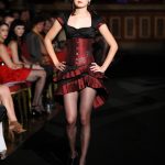 Burgundy silk corset and ruffled gown with chrysanthamums