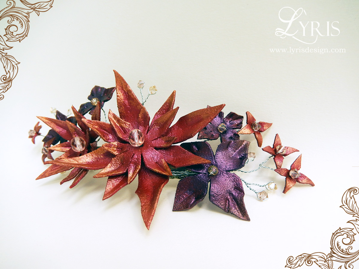 Red and burgundy sunset flowers and crystal hair clip