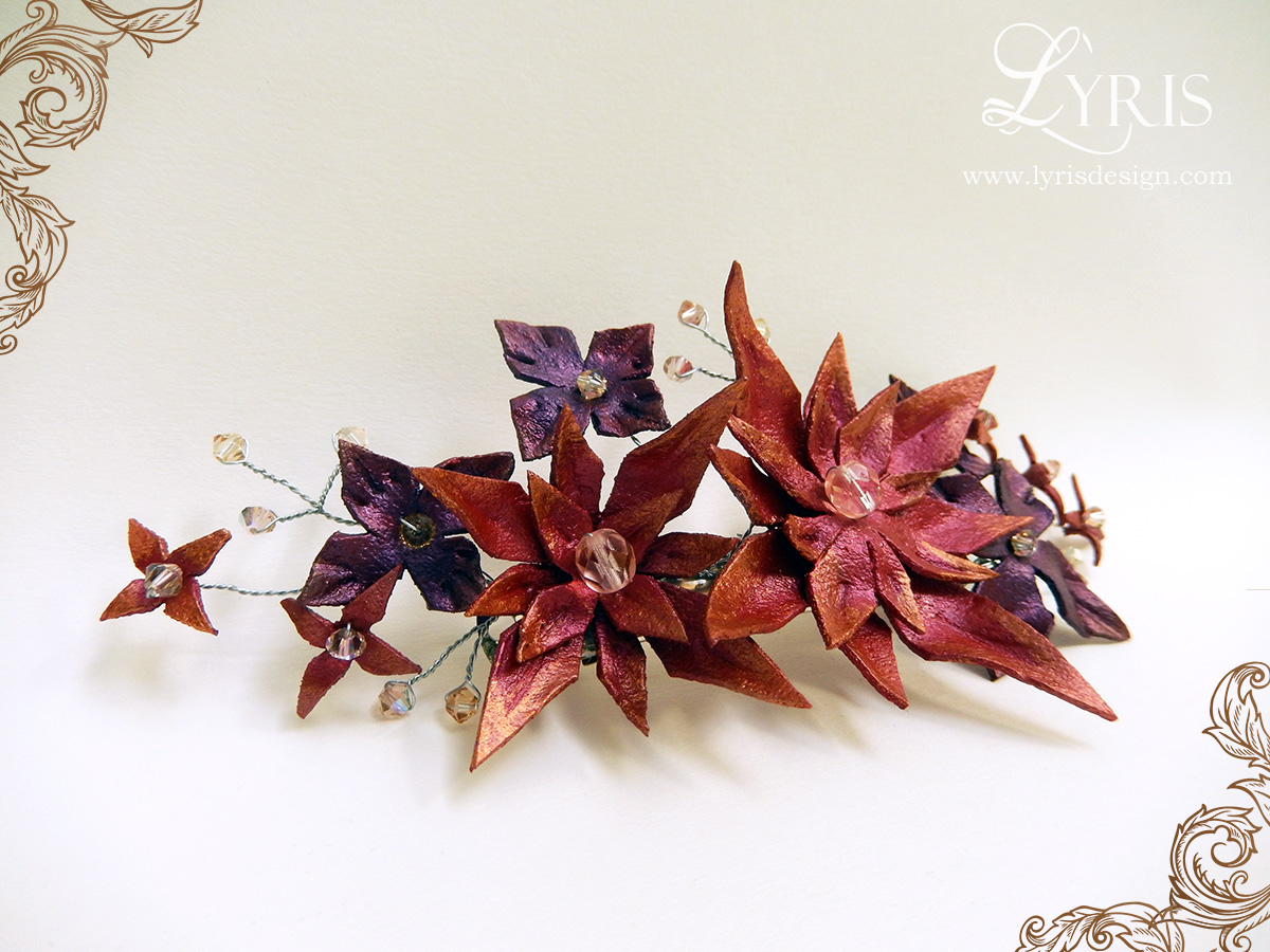 Red and burgundy sunset flowers and crystal hair clip