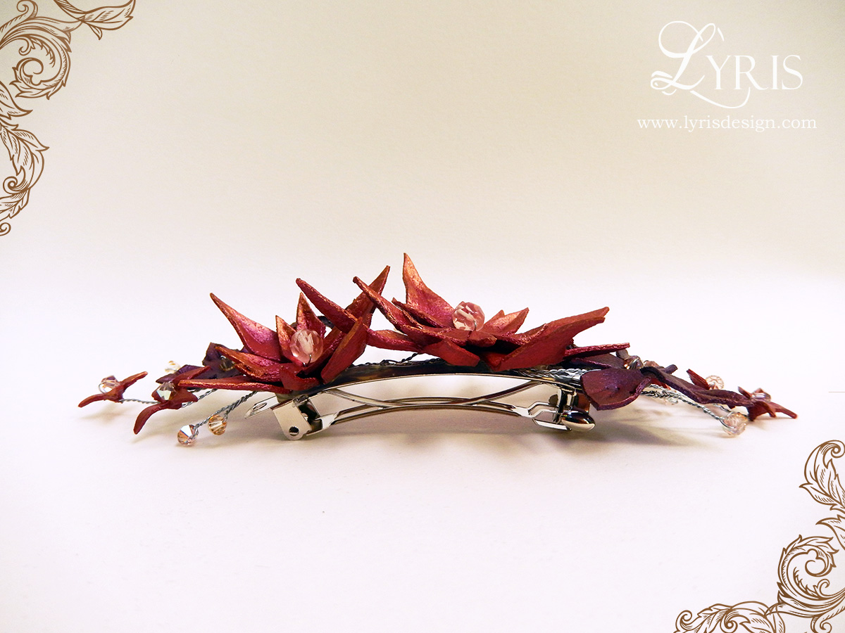 Red and burgundy sunset flowers and crystal hair clip