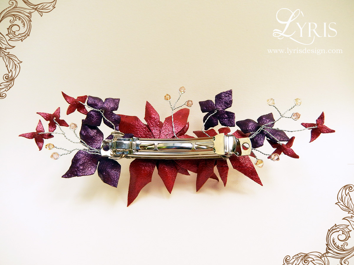 Red and burgundy sunset flowers and crystal hair clip