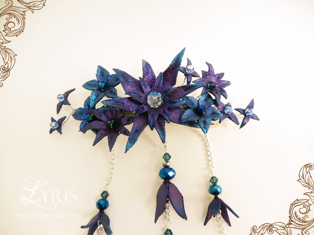 Purple and blue flowers and crystal hair clip