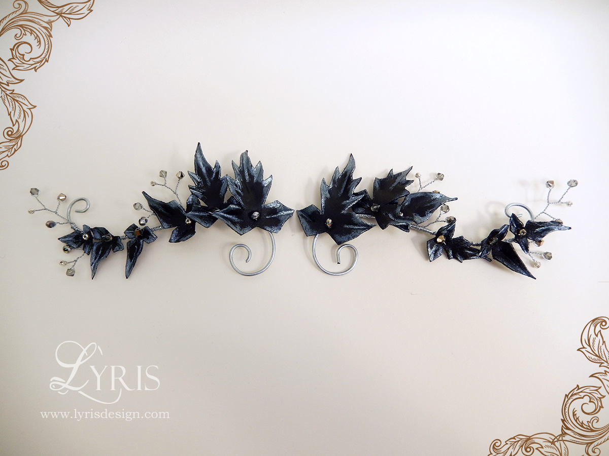 Black and silver leaves and crystals hair clips