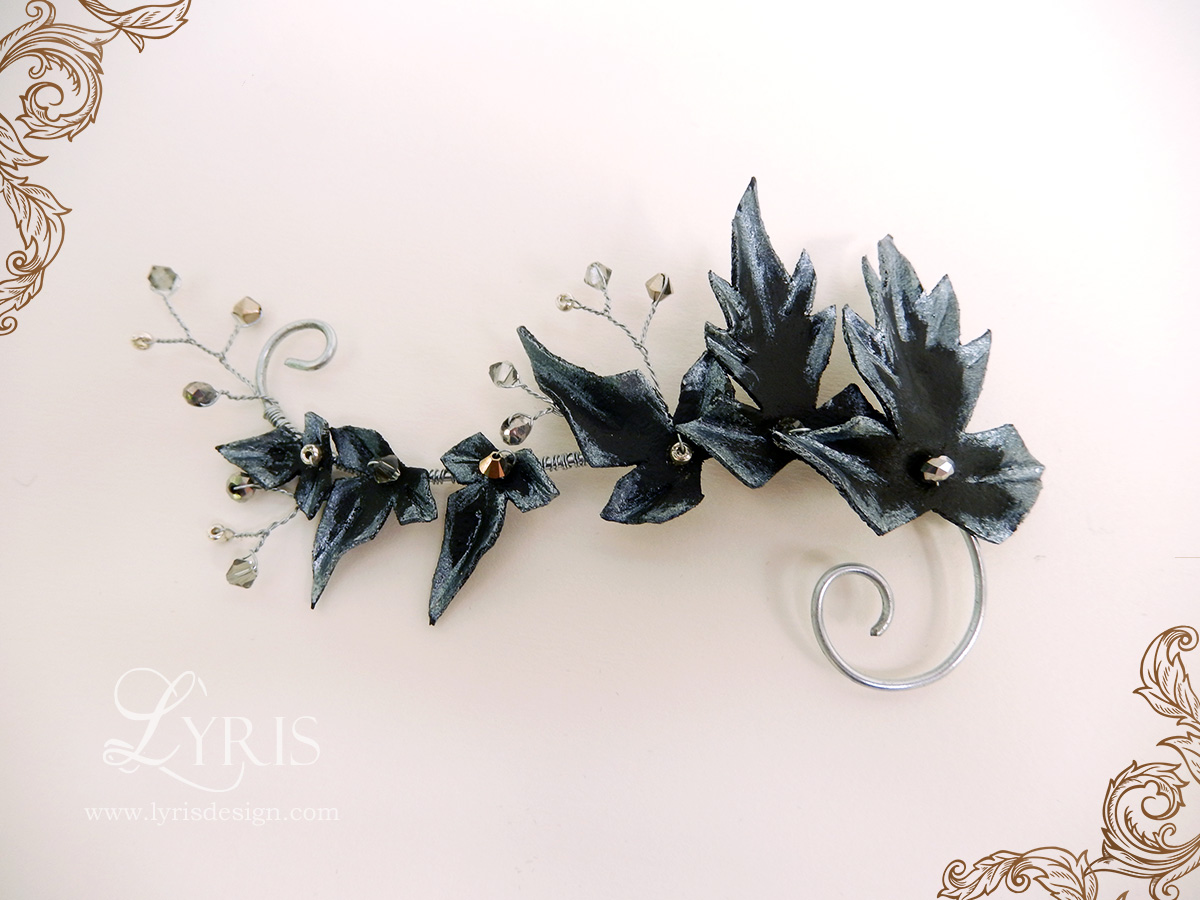 Black and silver leaves and crystals hair clips