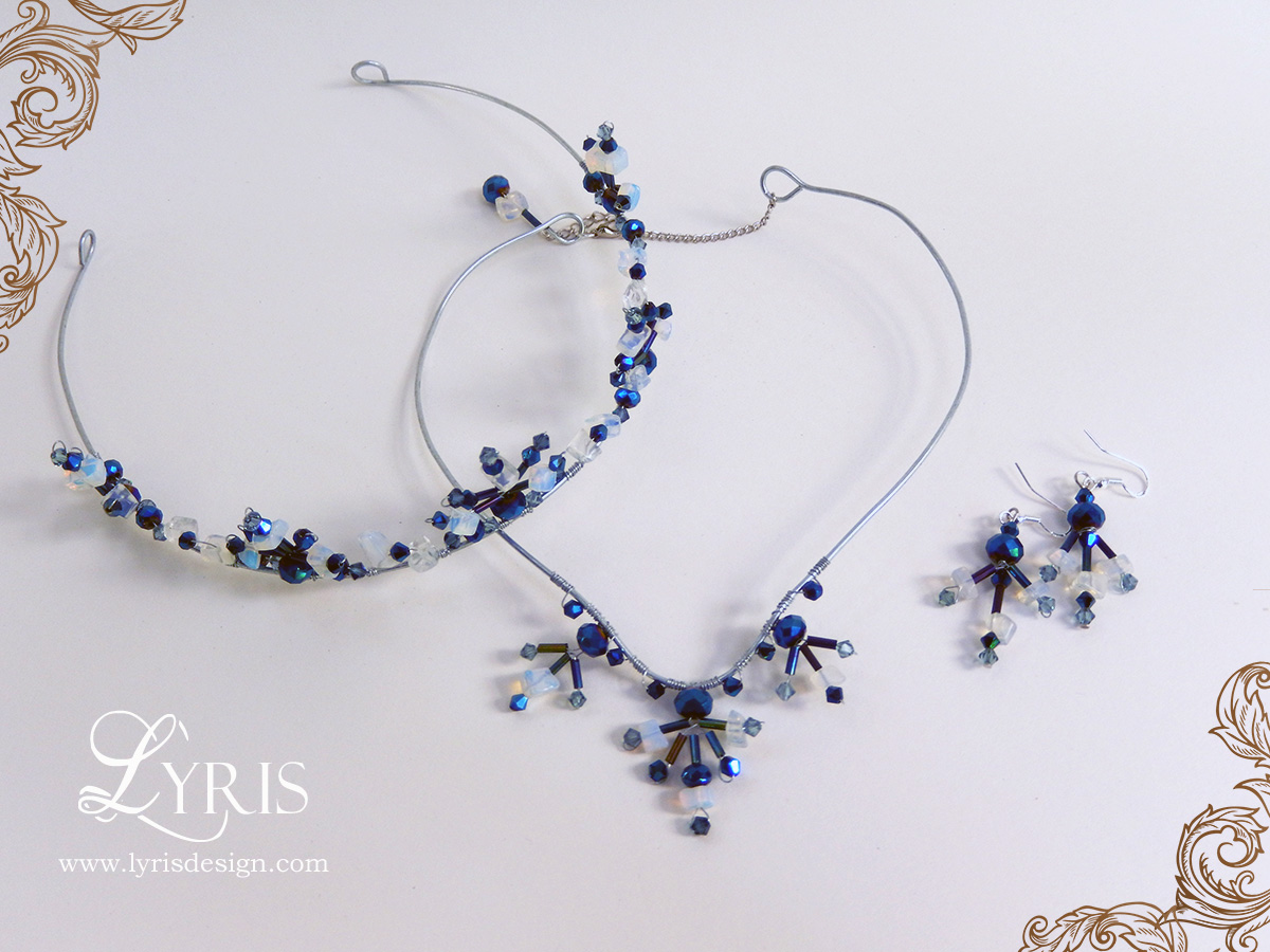 Moonstone and blue crystal necklace, crown and earrings