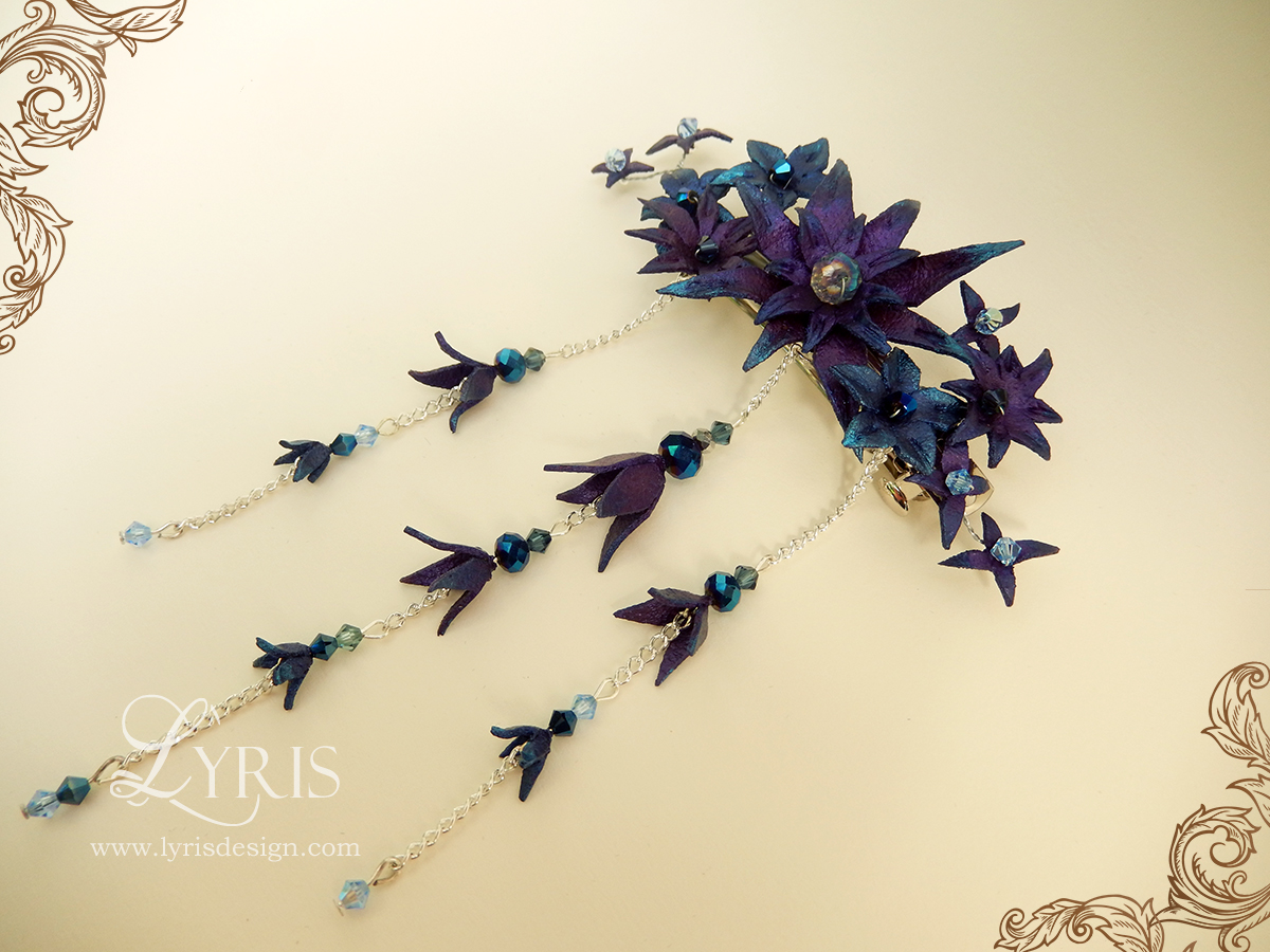 Blue and purple flowers and crystal hair clip