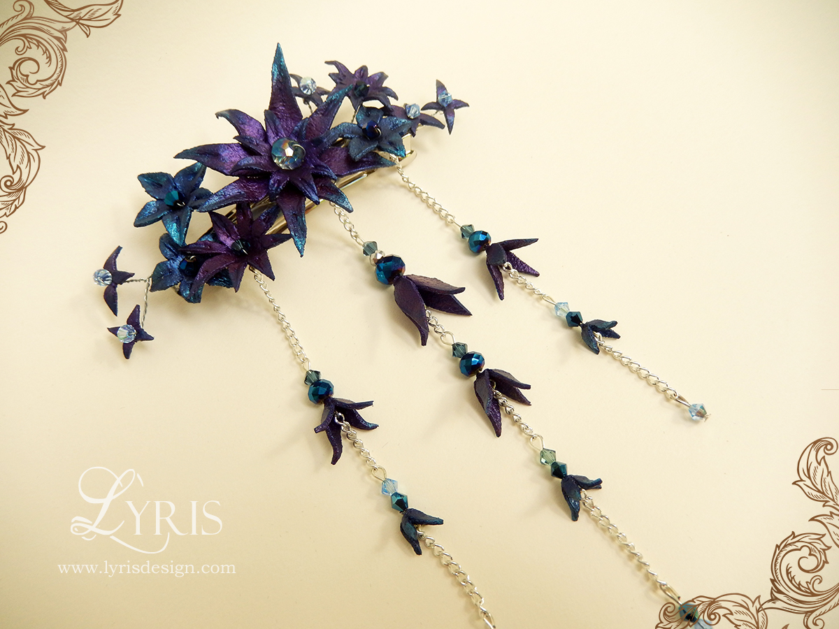 Blue and purple flowers and crystal hair clip