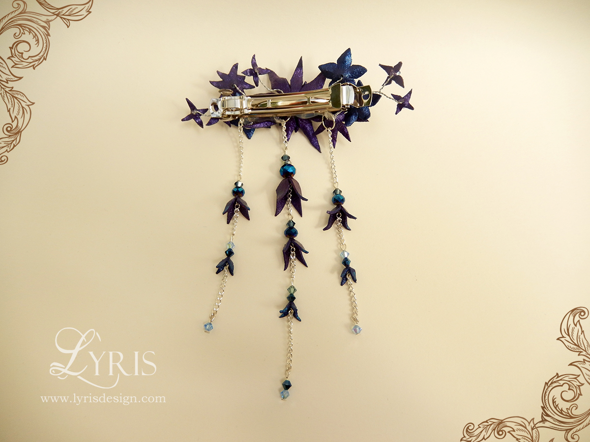 Blue and purple flowers and crystal hair clip