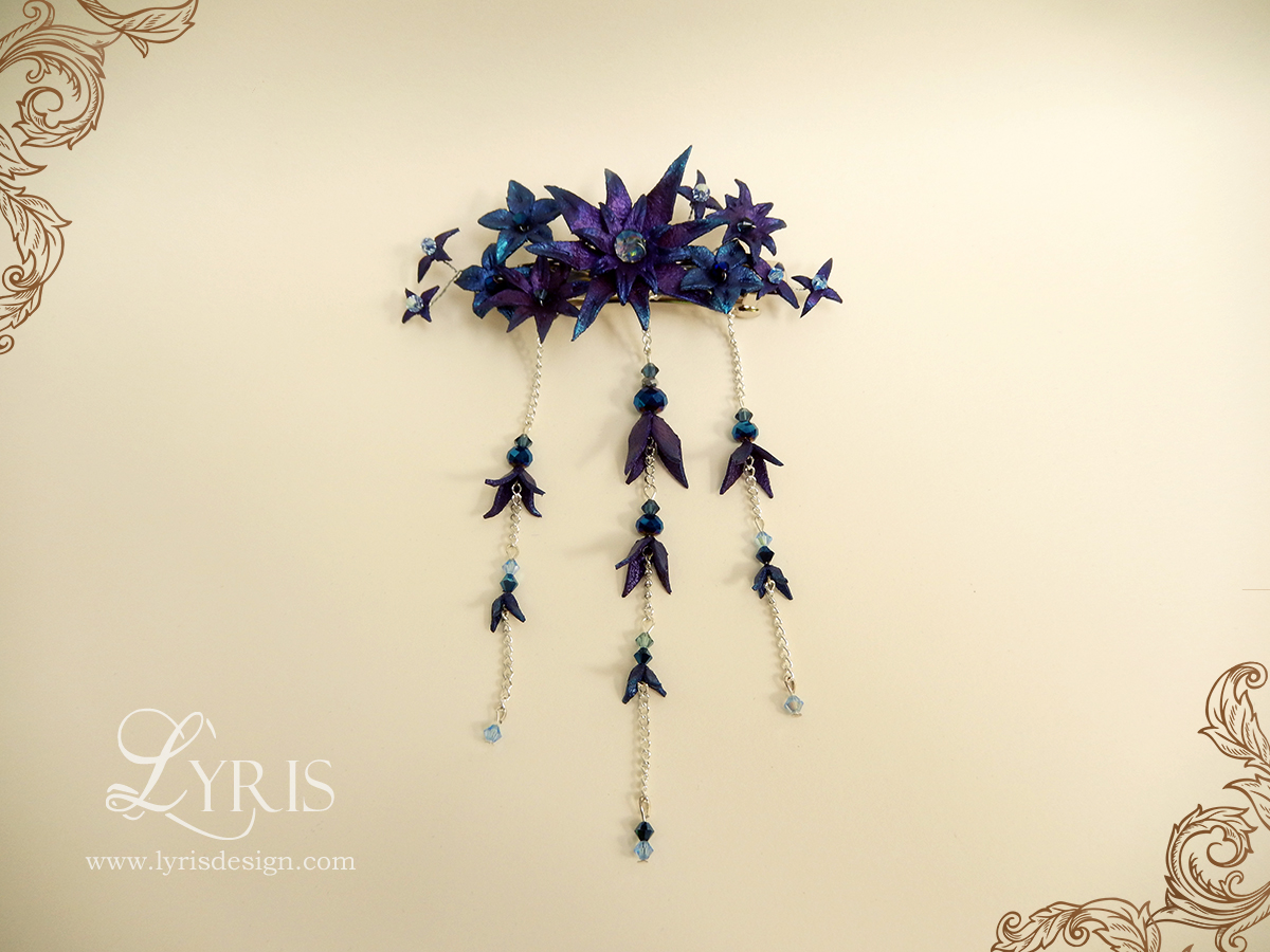 Blue and purple flowers and crystal hair clip