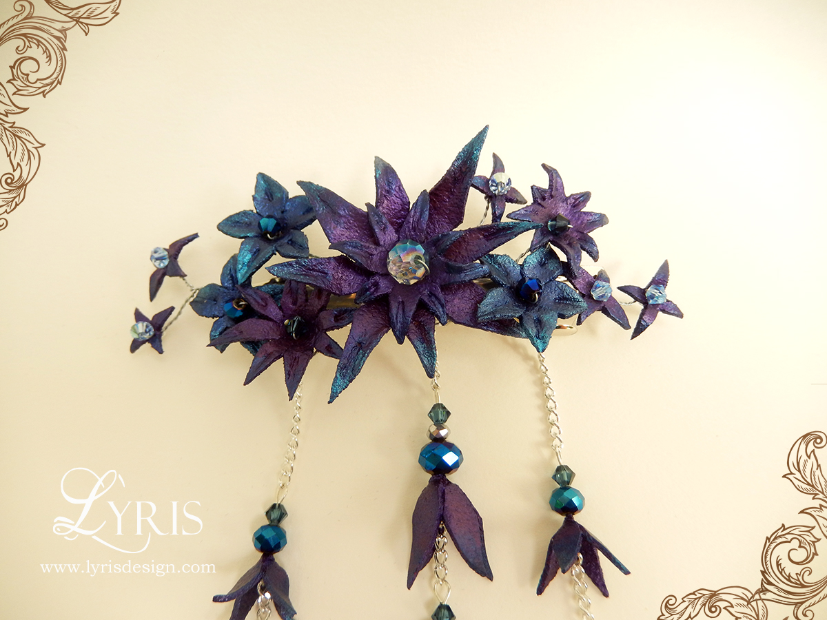Blue and purple flowers and crystal hair clip
