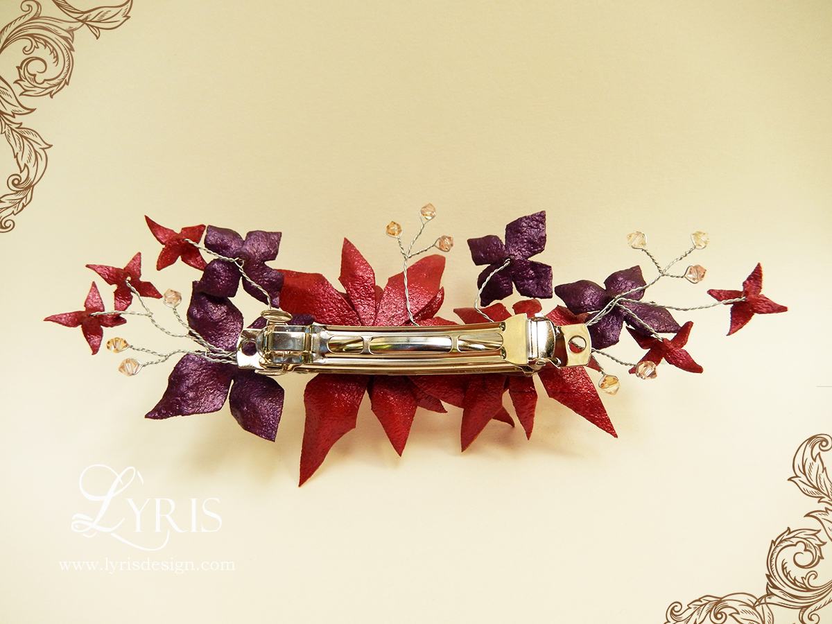 Red and burgundy flower and crystal hair clip