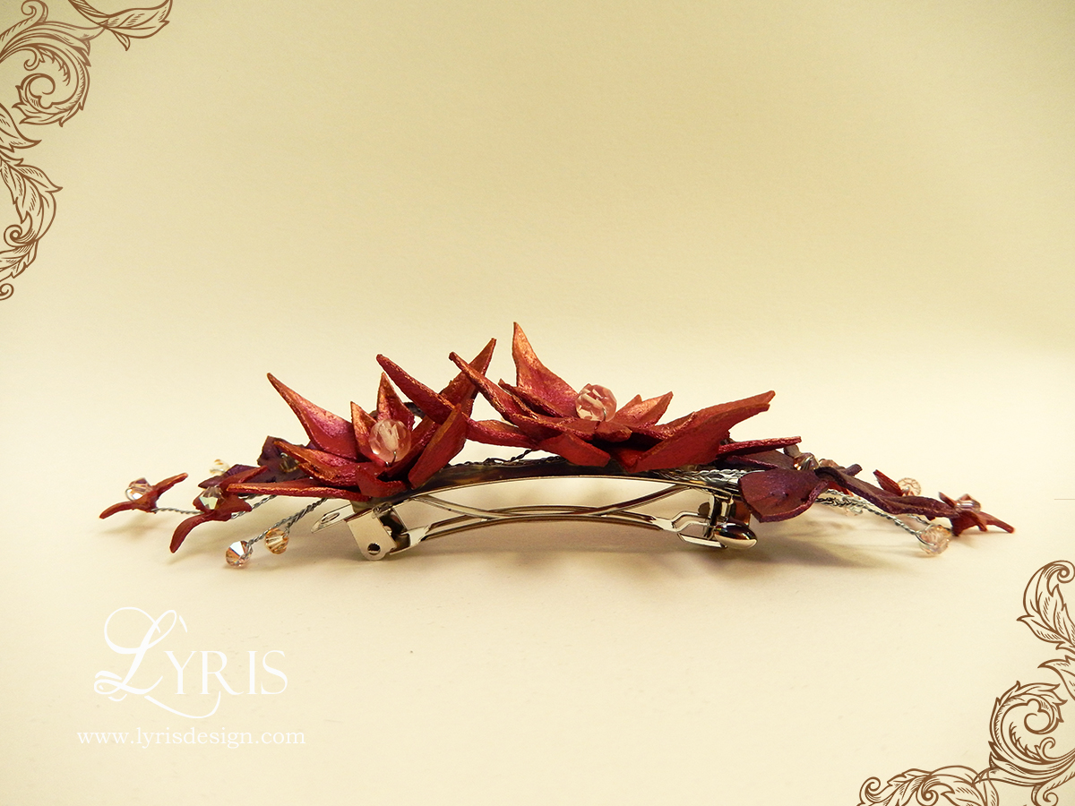 Red and burgundy flower and crystal hair clip