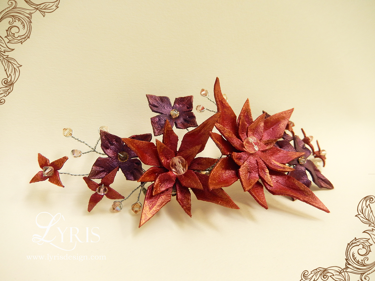 Red and burgundy flower and crystal hair clip