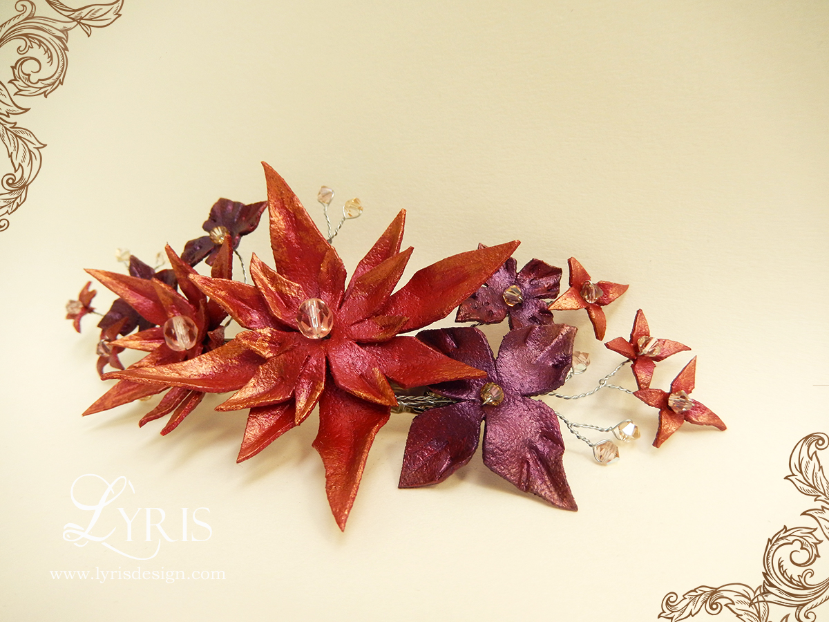 Red and burgundy flower and crystal hair clip