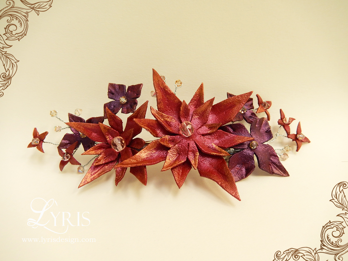 Red and burgundy flower and crystal hair clip