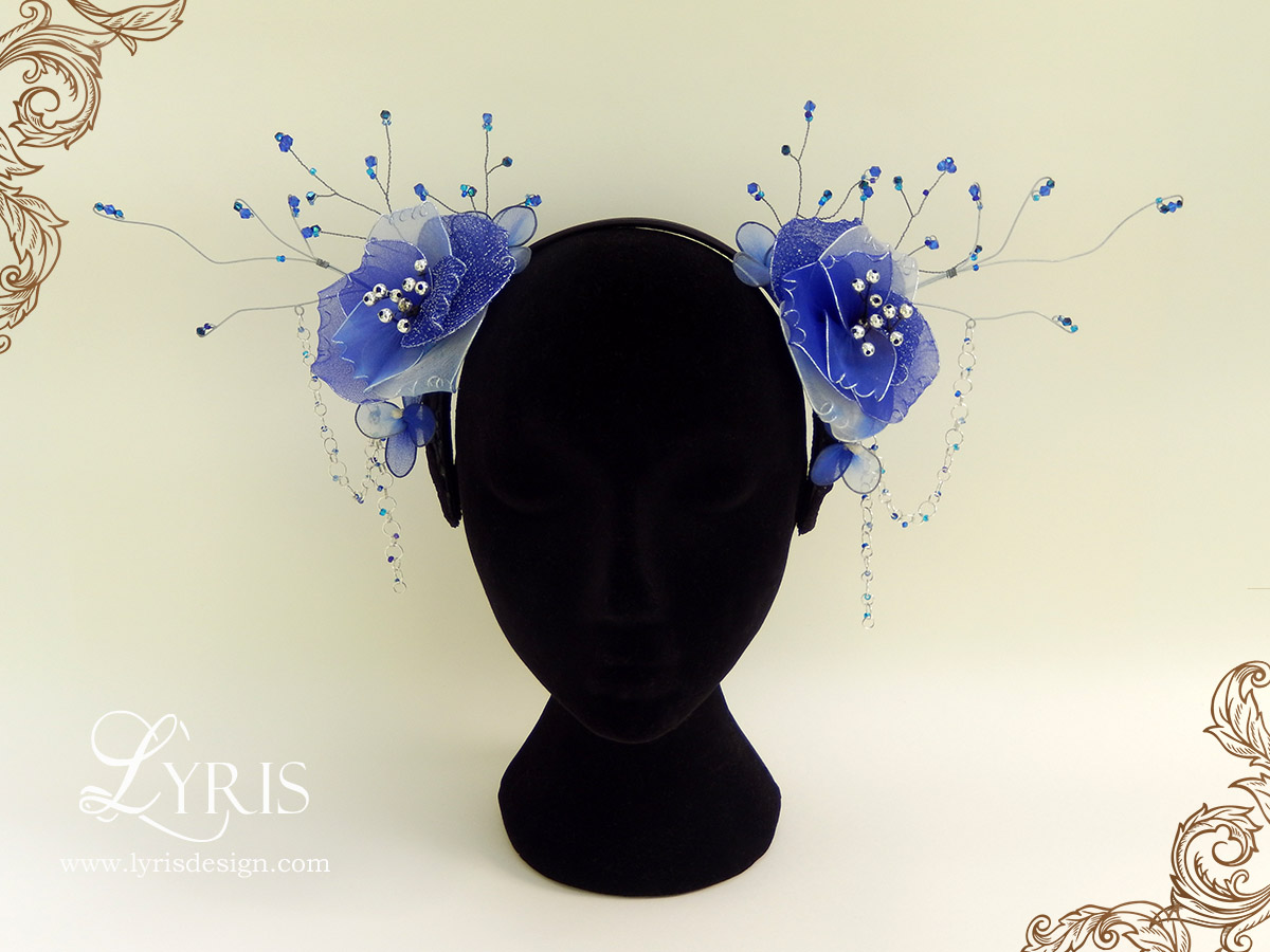 Azura headdress with blue and silver flowers and antlers