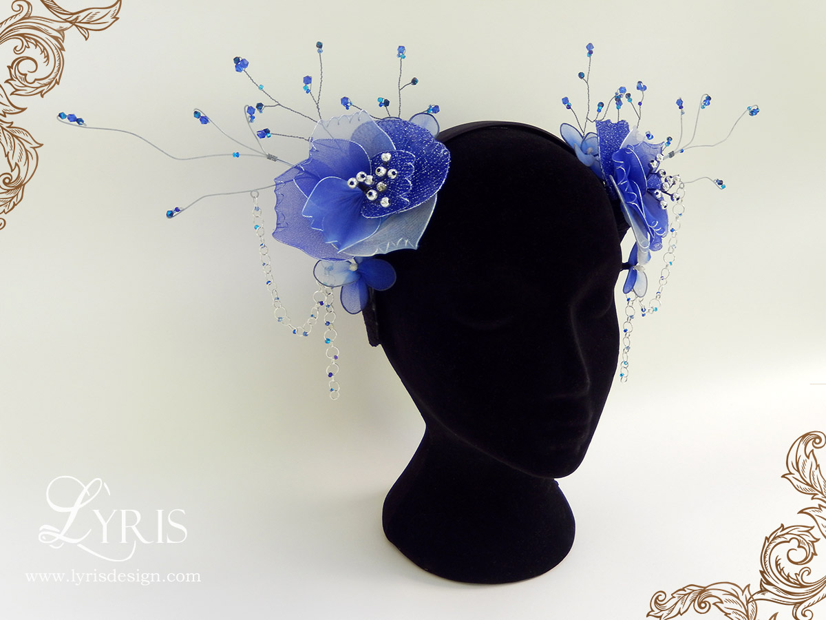 Azura headdress with blue and silver flowers and antlers