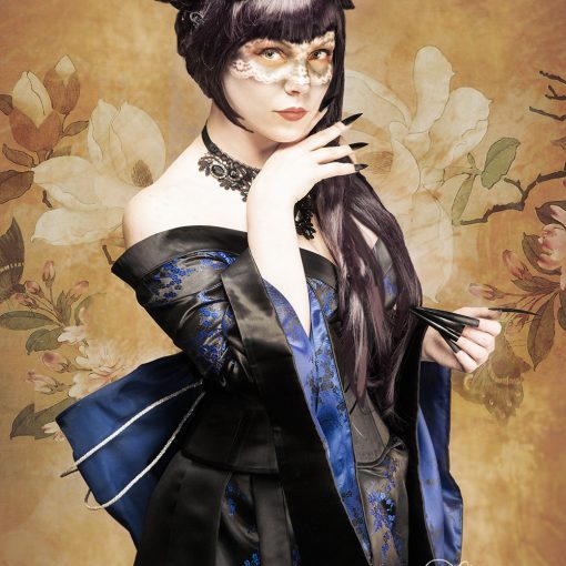 Black and blue cherry blossom gothic kimono and corset