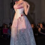 Pink and white lace gown and rose corset