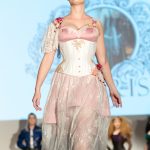 Pink and white lace gown and rose corset