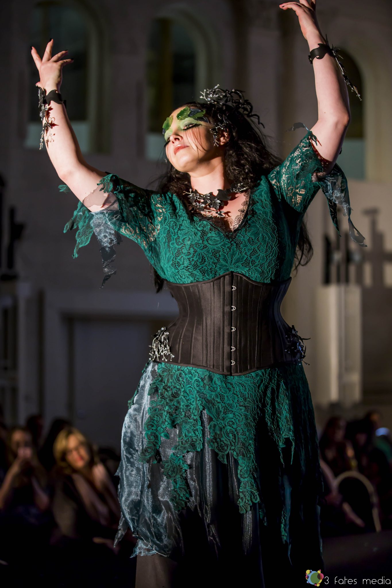 Green and black corset and lace dark forest fae gown