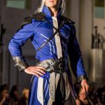 Blue and silver coat and black leather armour