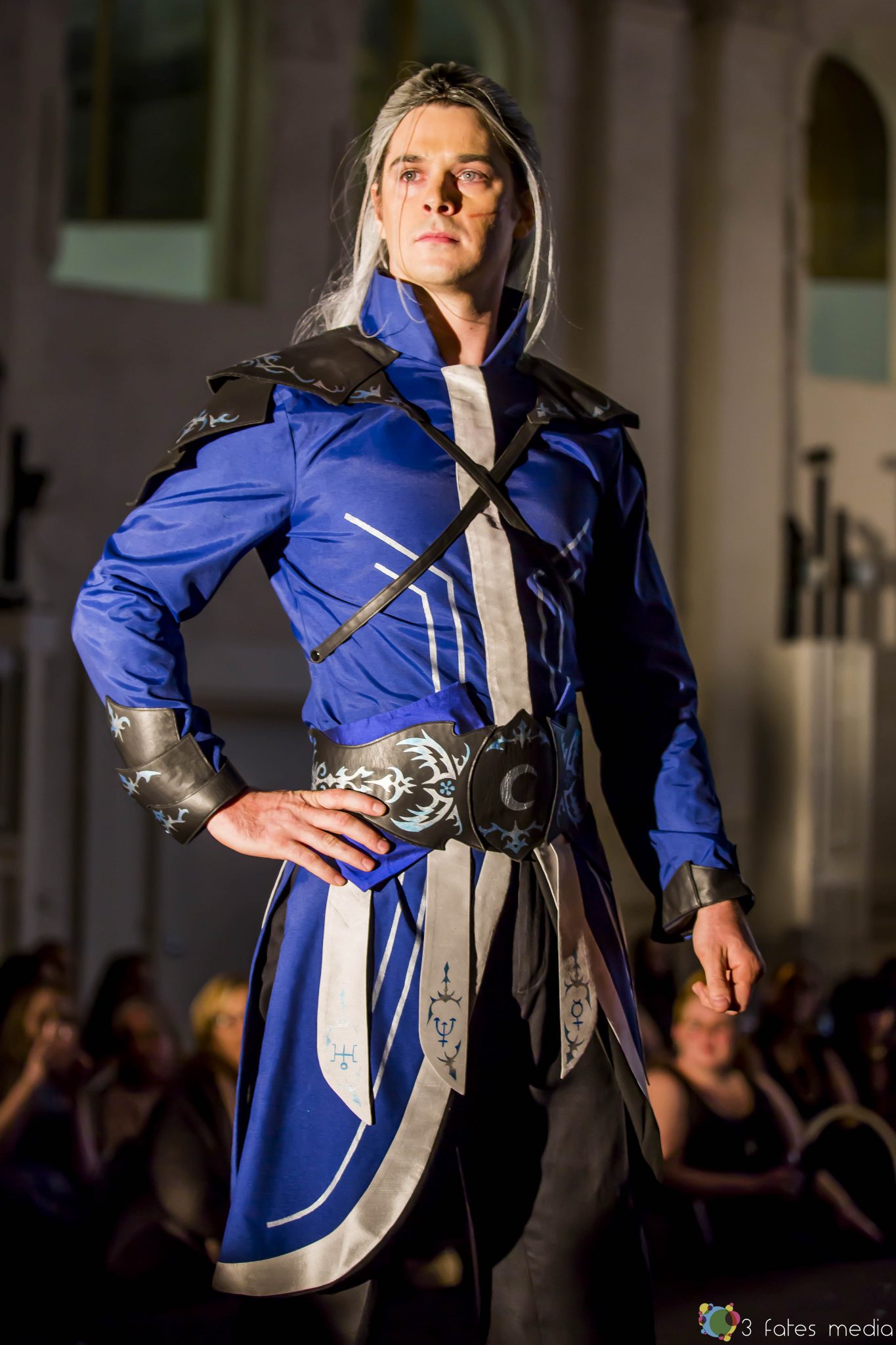 Blue and silver coat and black leather armour