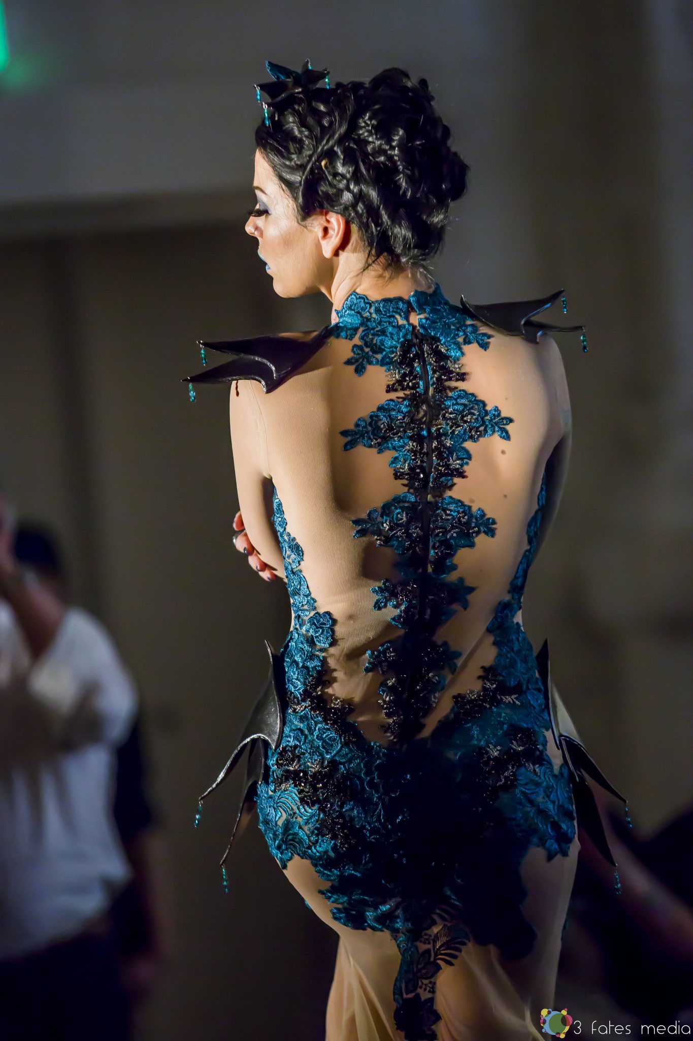 Peacock and black armoured lace gown