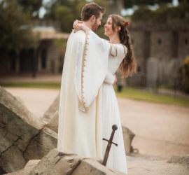 Silk wedding coat and wool cloak medieval groom, silk medieval bridal gown and wedding corset