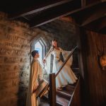 Silk wedding coat and wool cloak medieval groom, silk medieval bridal gown and wedding corset
