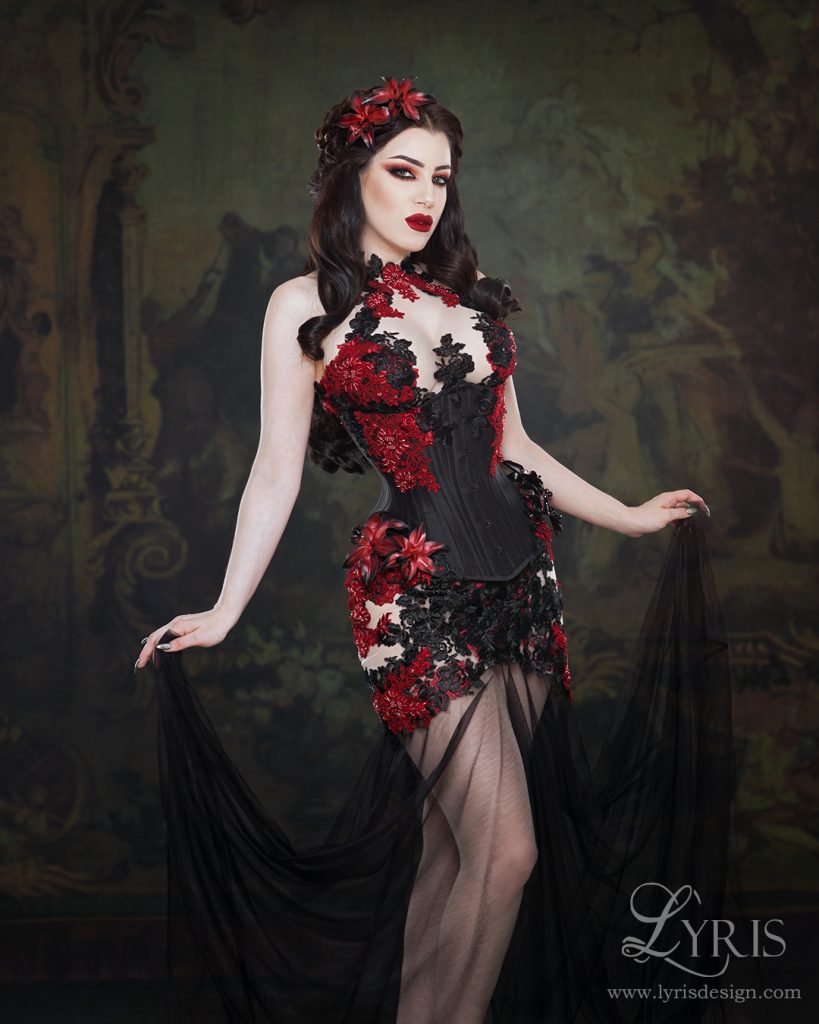 Morgana red black lace dress and corset with lilies