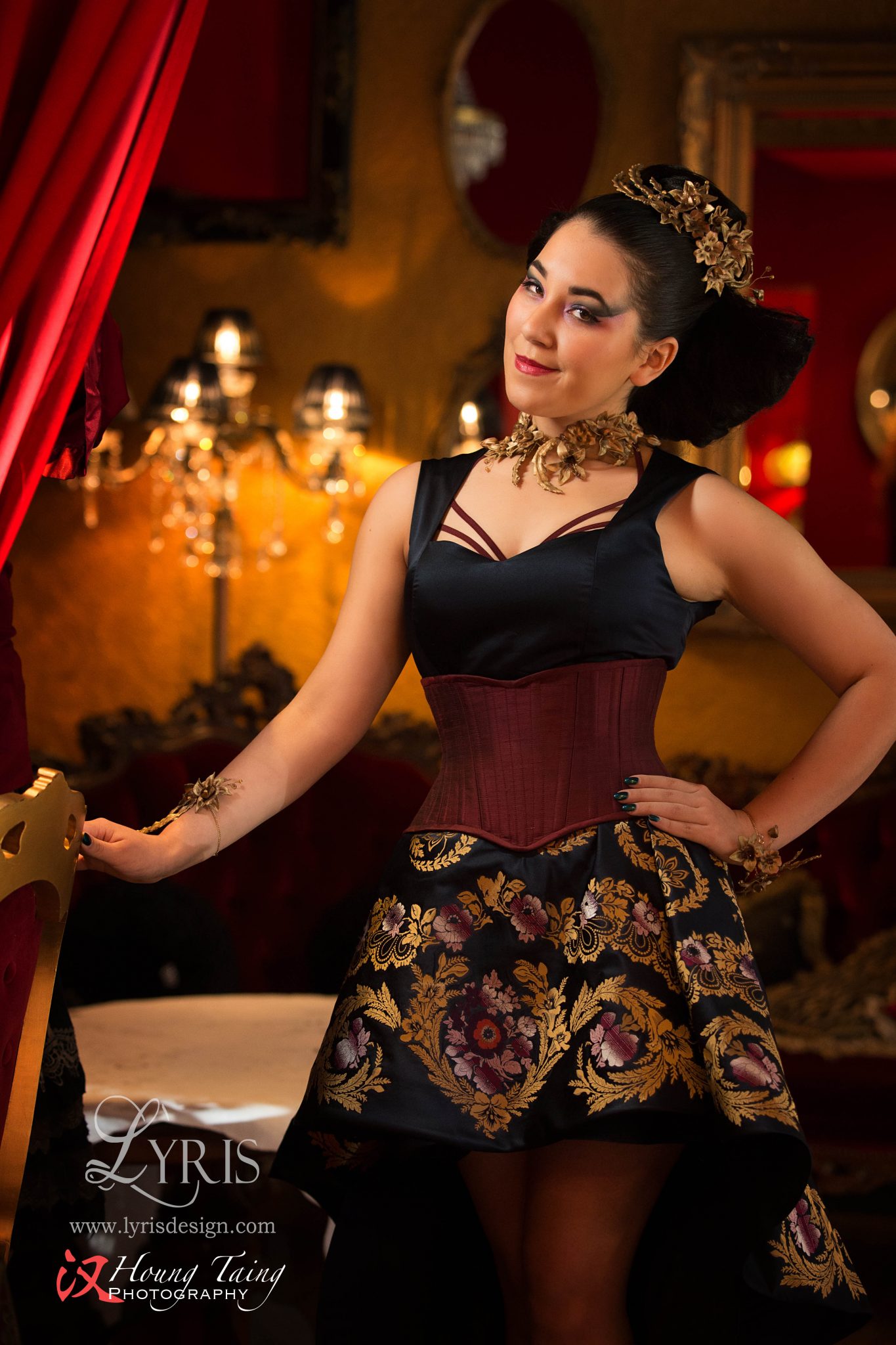 Navy gold and burgundy silk brocade dress and corset with gold flowers