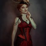 Narya crimson silk and black leather corset and chiffon gown