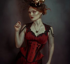 Narya crimson silk and black leather corset and chiffon gown
