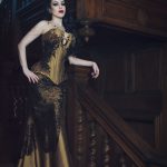 Gold silk black lace dragon scale corset