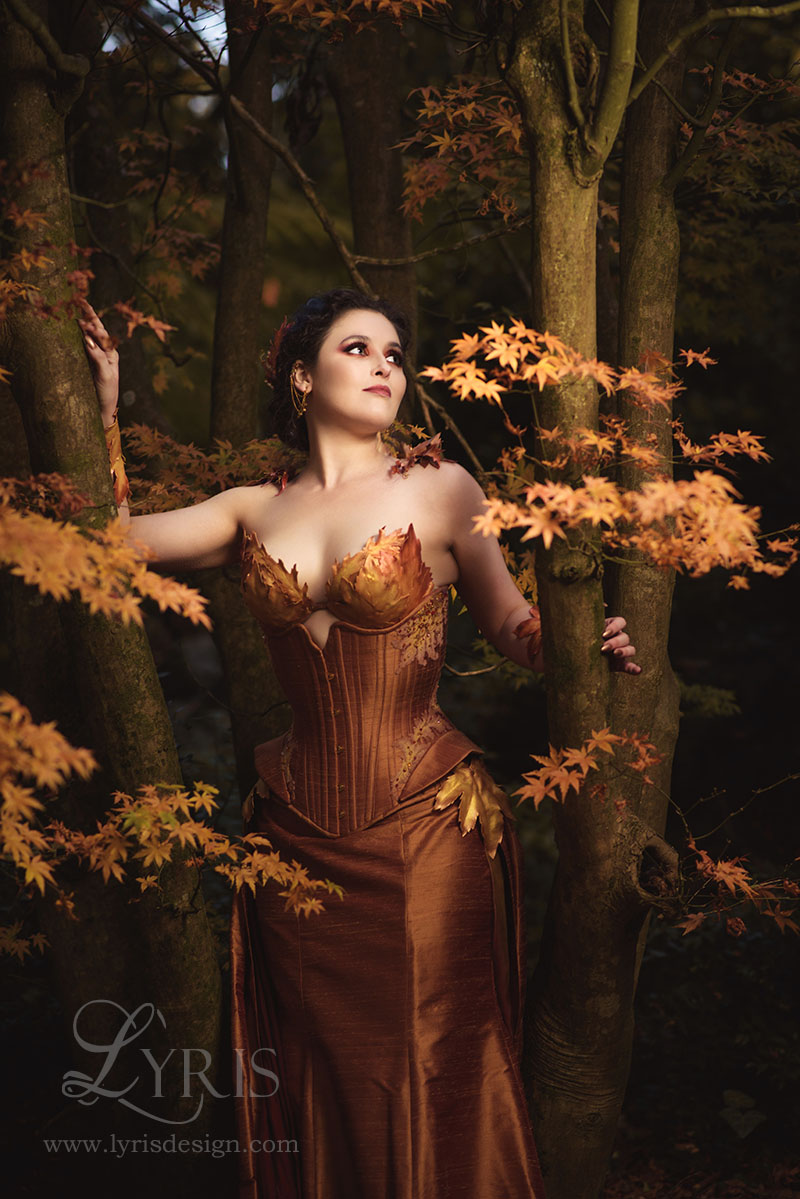 Copper silk coset and gown with sculpted autumn leaves