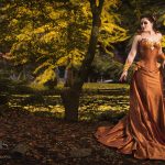 Copper silk coset and gown with sculpted autumn leaves